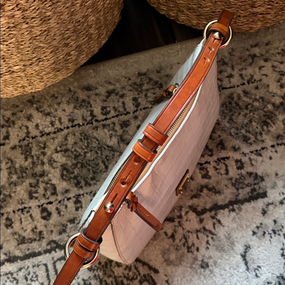Dooney & Bourke White Croc-Embossed Shoulder Bag with Brown Trim - Picture 3 of 6